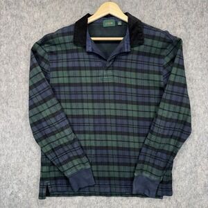 J Crew Oarsman Rugby Polo Shirt Men's Medium Tartan Plaid Elbow Patch Green Blue